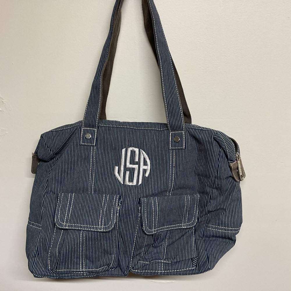 Striped Navy Canvas Tote Bag with Monogram